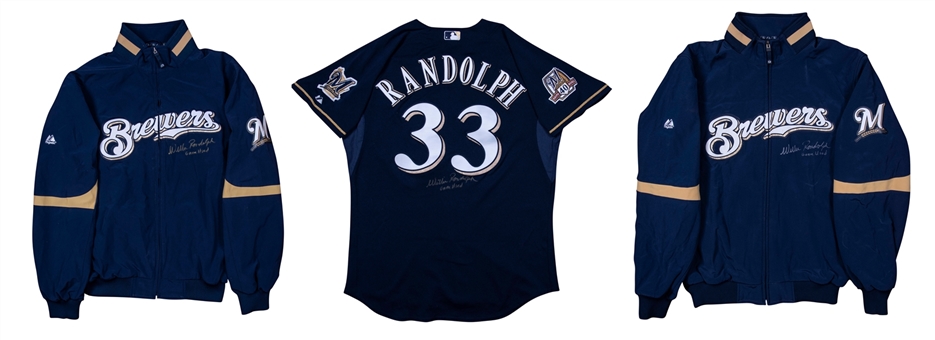 Lot of (3) 2010 Willie Randolph Game Used and Signed Milwaukee Brewers Coaches Alternate Jersey, Windbreaker and Cold Weather Jacket (Randolph LOA) 